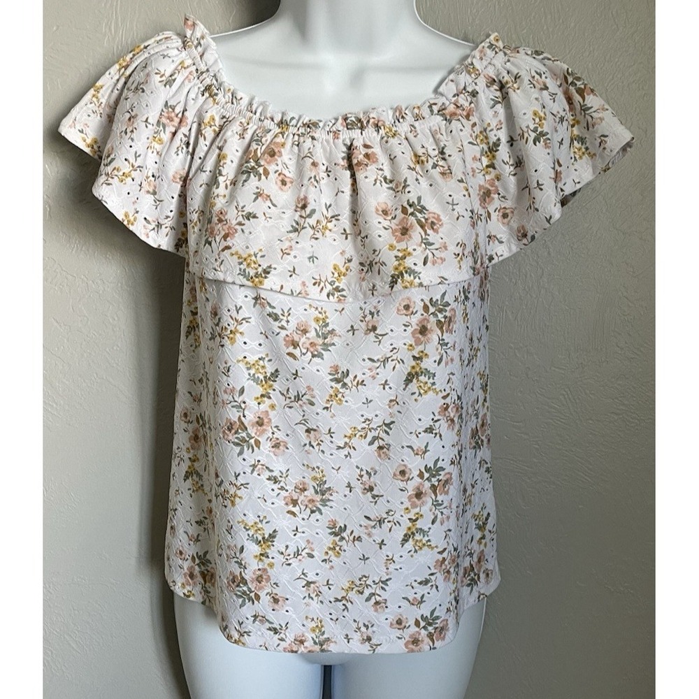 Wallflower Floral Off The‎ Shoulder Ruffles Blouse Top White Womens Size Small